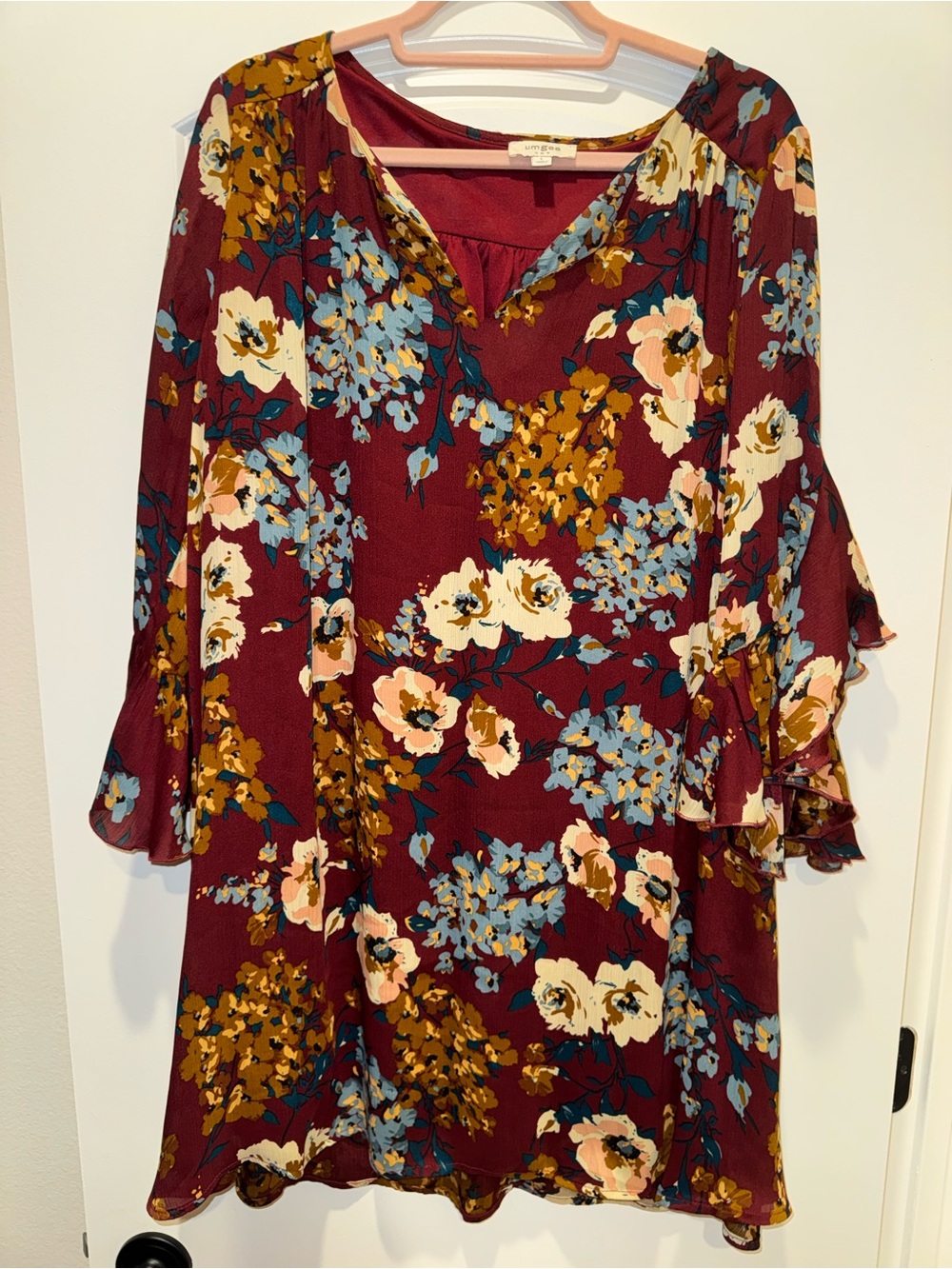 Umgee Burgundy Floral Bell Sleeve Dress